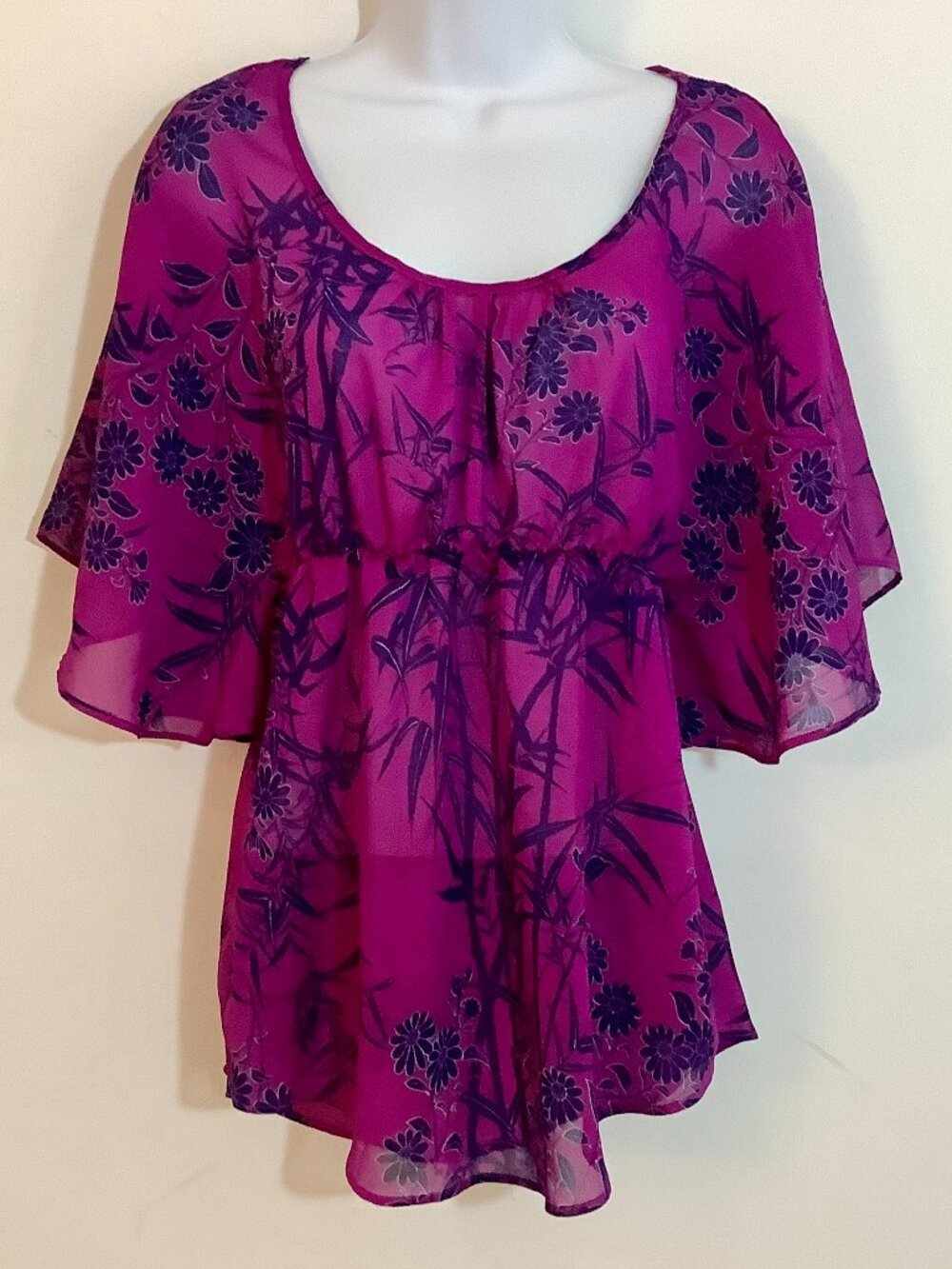 Top Sheer Wine Color Floral Print Elegant Peplum Scoop Neck Flowing Sleeve S/P